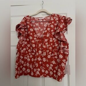 LC Lauren Conrad Red Floral Ruffle Blouse - Brand New